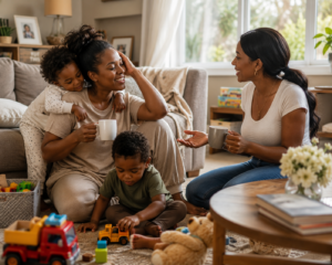 Motherhood and friendships: A supportive friend visiting a mother of two toddlers, helping with the children while they share coffee and conversation